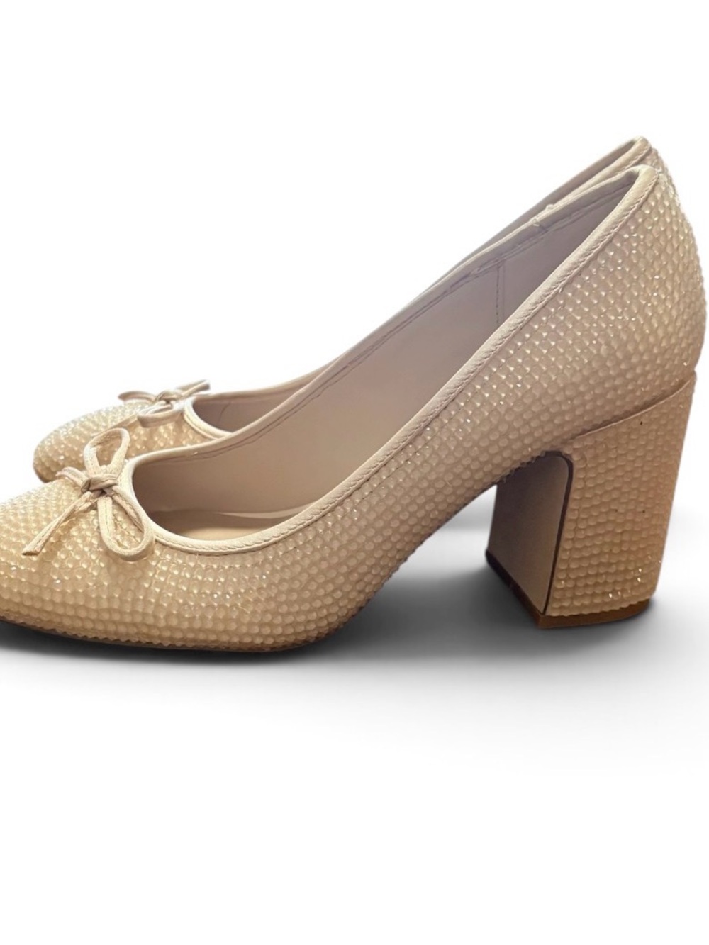 Steve Madden Cohen-R Nude Glass Rhinestone Ballet Pumps Block Heel Bow Heels